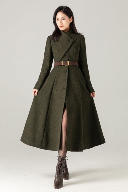 Olive Green Wool Blend Maxi Coat - Fit and Flare with Asymmetric Collar 5373