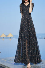 Load image into Gallery viewer, Black floral chiffon V-neck dress C4084
