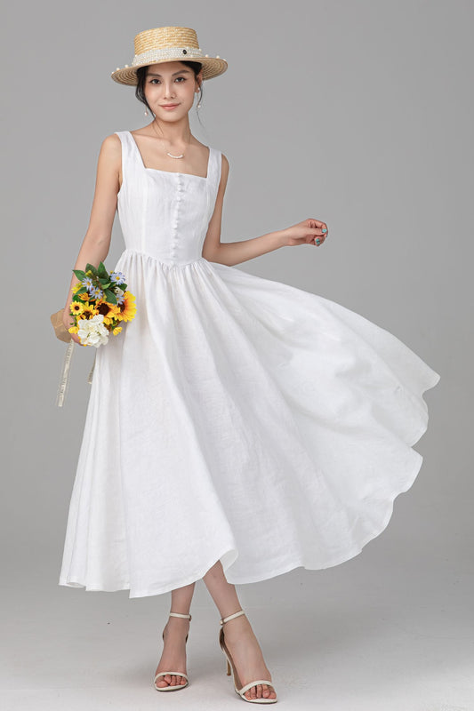 White Sleeveless Linen Pinafore Dress, Square Neck Button Maxi Dress for Women C5526