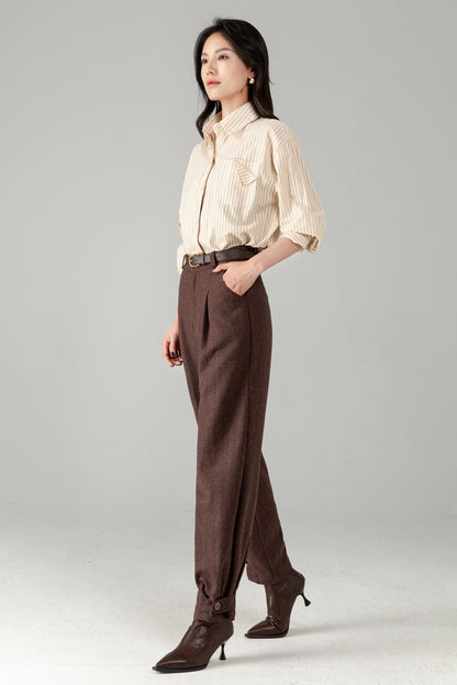 Brown Wool Tapered Trousers: Women’s Vintage-inspired Lantern Pants C5340