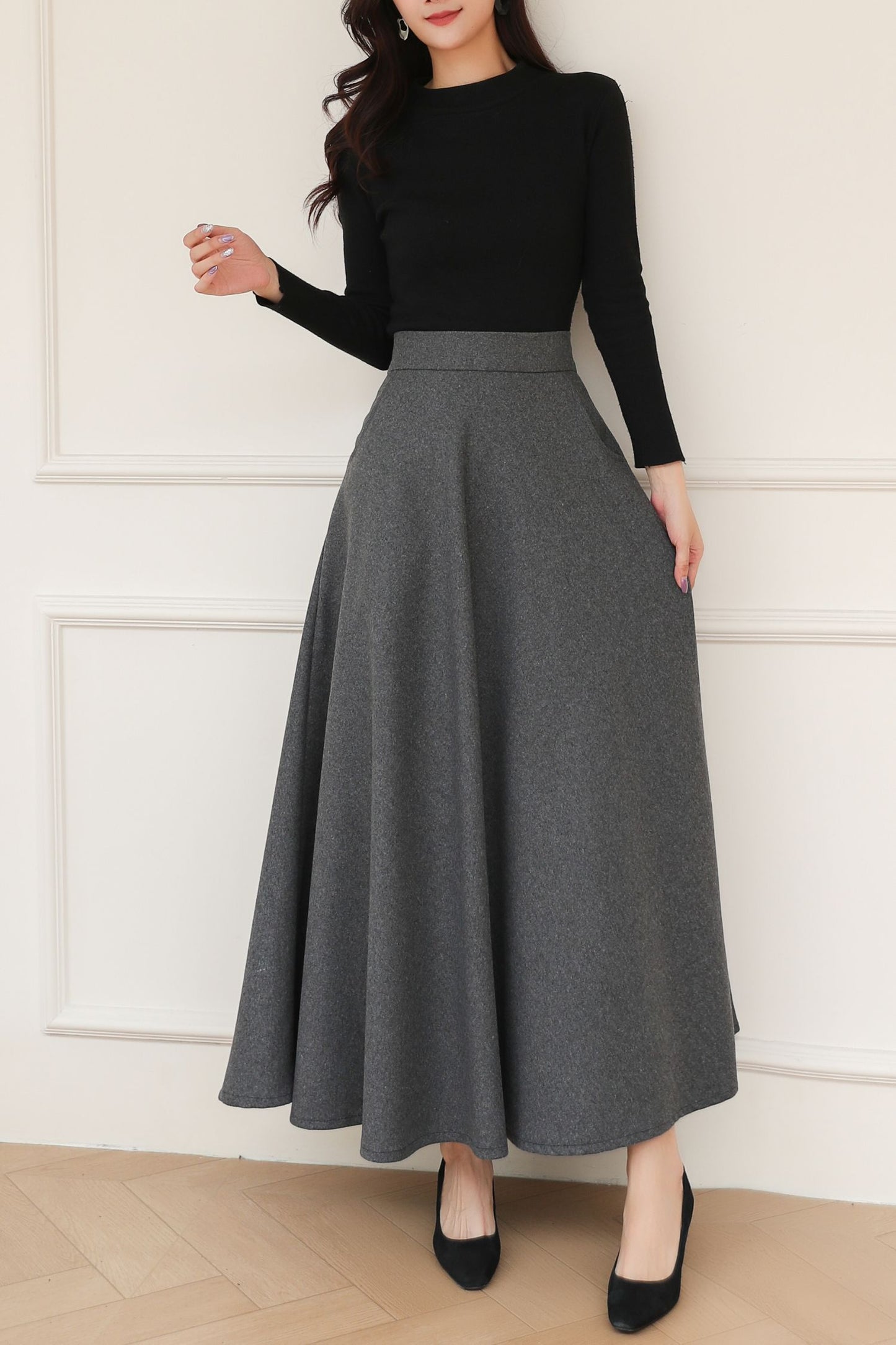 Dark Gray Long A-Line Wool Skirt C5191