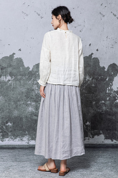 Off-White Linen Blouse - Ruffled Neck and Cuffs with Relaxed Fit c5467