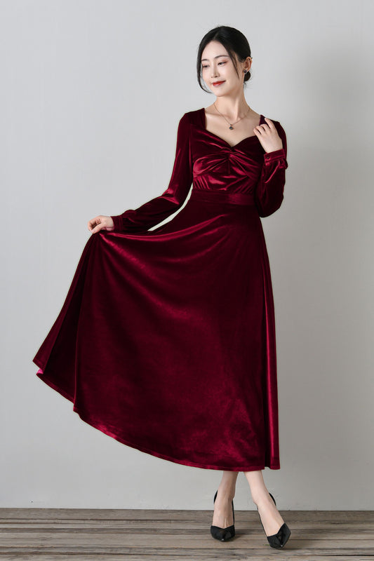 Elegant Burgundy Velvet Long Dress C4699