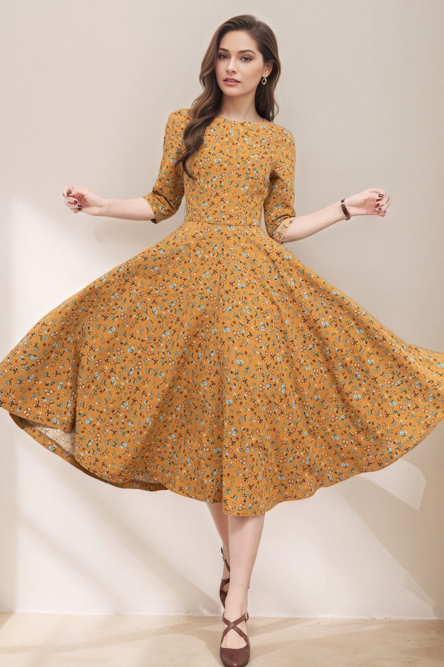 Floral swing linen dress women C5367