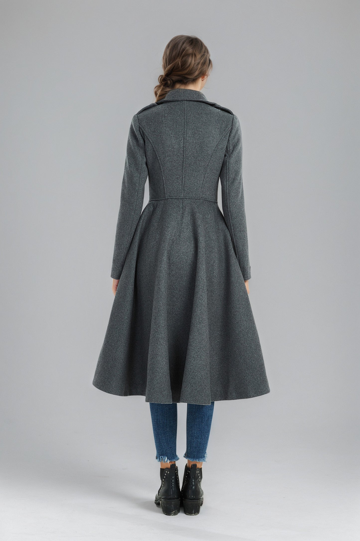 Double breasted long winter gray wool coat C5134