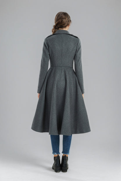 Double breasted long winter gray wool coat C5134