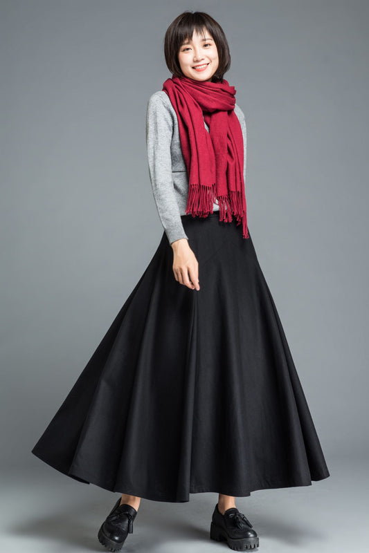 Maxi black winter long wool skirt women C1209