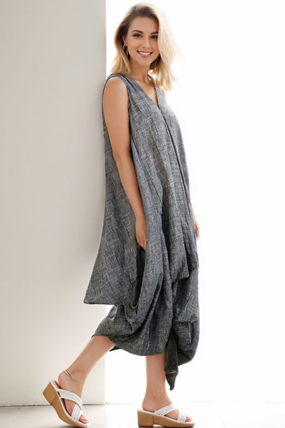 Grey Loose-Fitting V neck Linen Dress C257