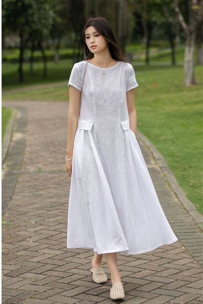 White Linen Midi Casual dress womens C4014