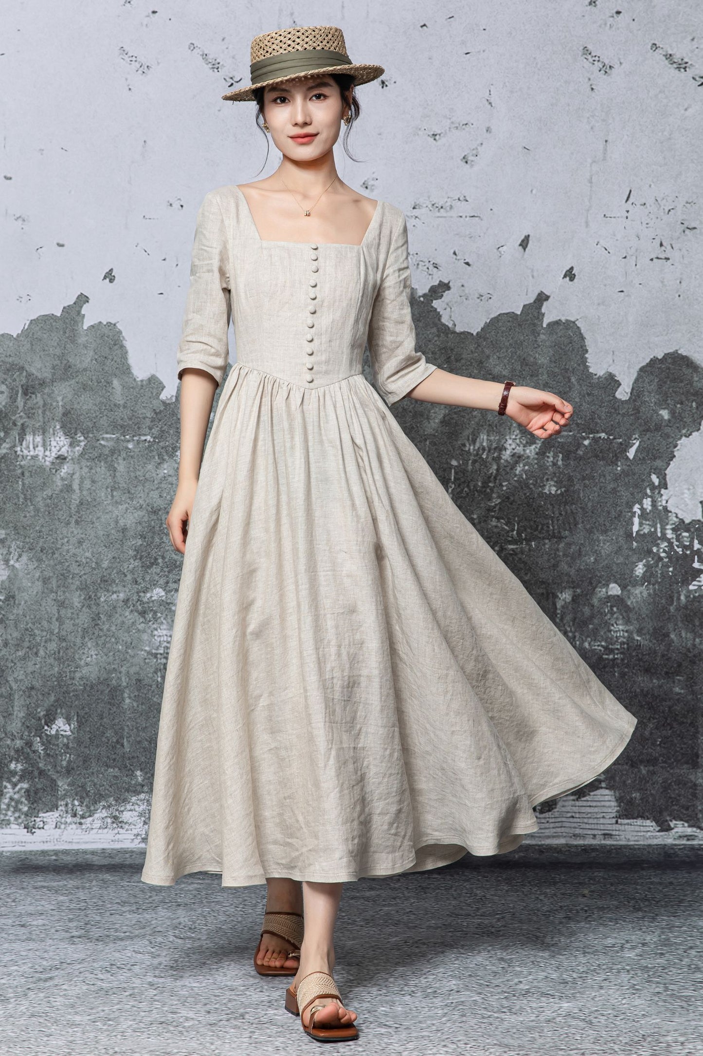Beige Linen Maxi Dress - Square Neck, Empire Waist c5470