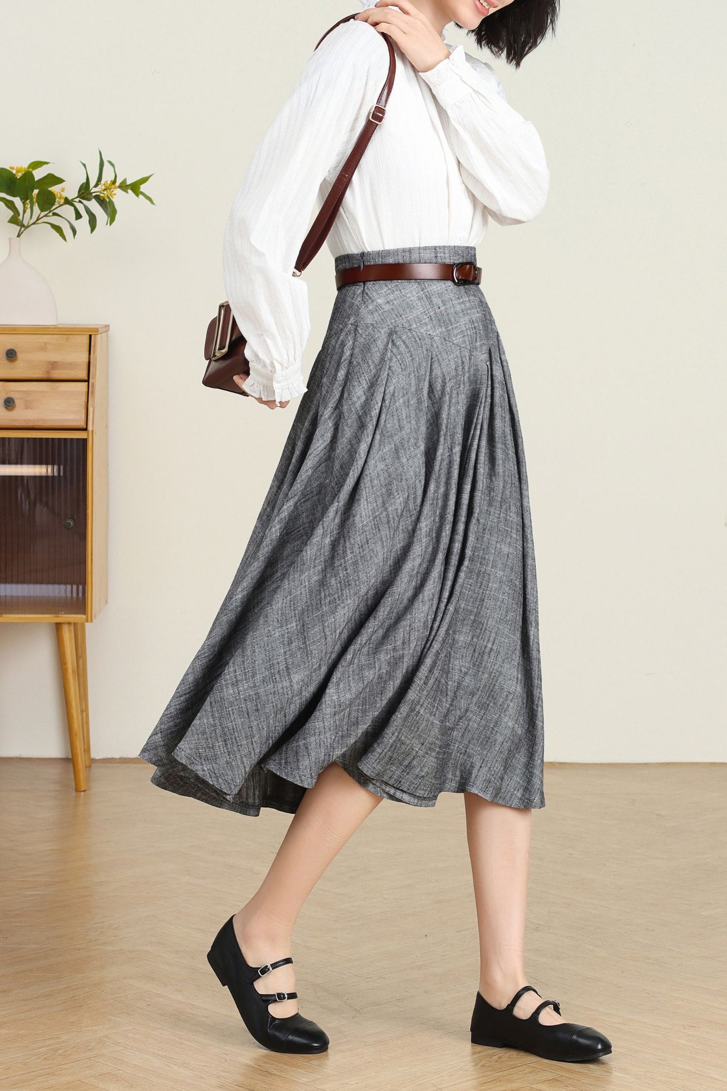 Grey Linen Swing Midi Skirt C4737