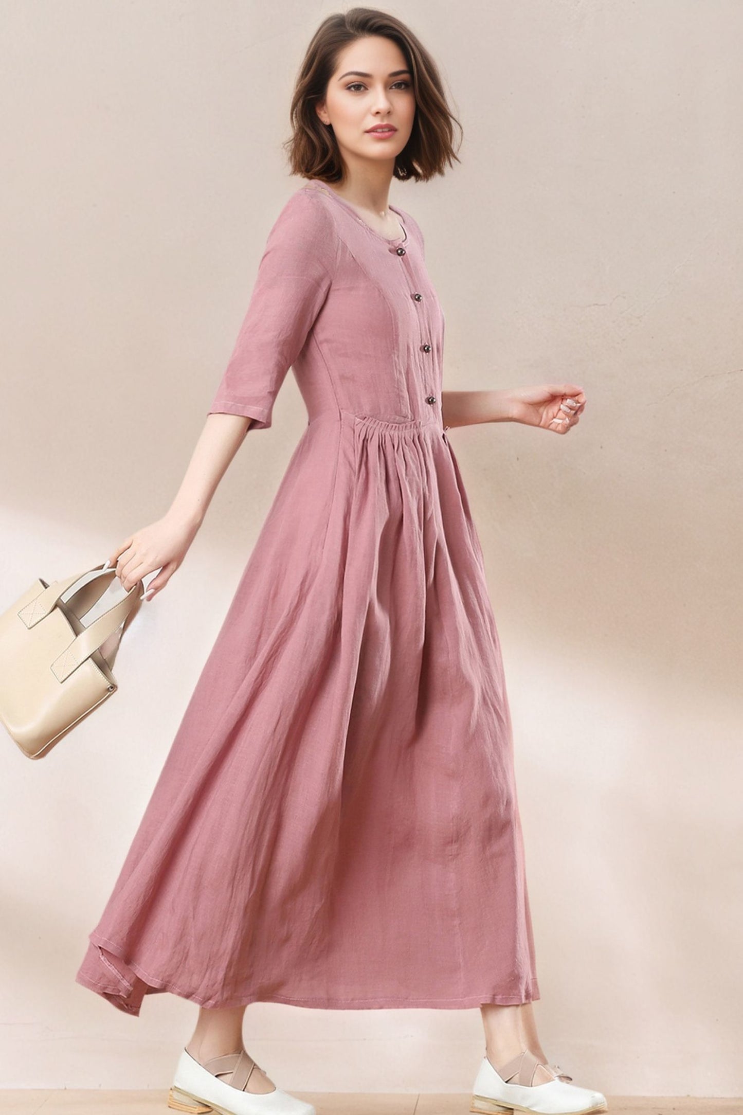 Women's Summer Pink Linen Dress C5383