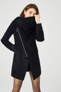 Black Hooded Asymmetrical Wool Coat C4323