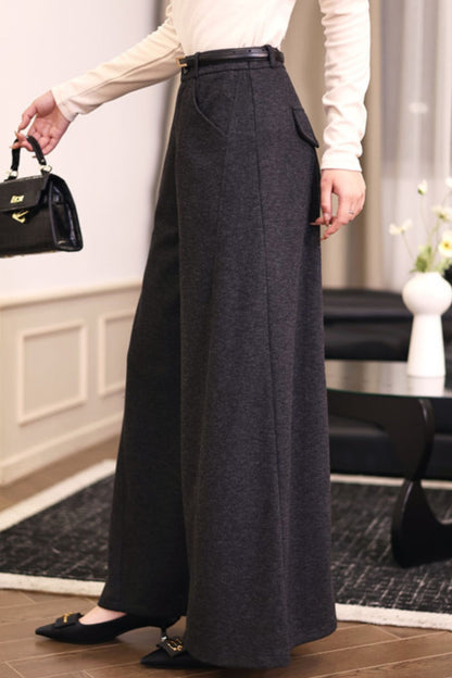 Gray wide leg long wool pants c5091