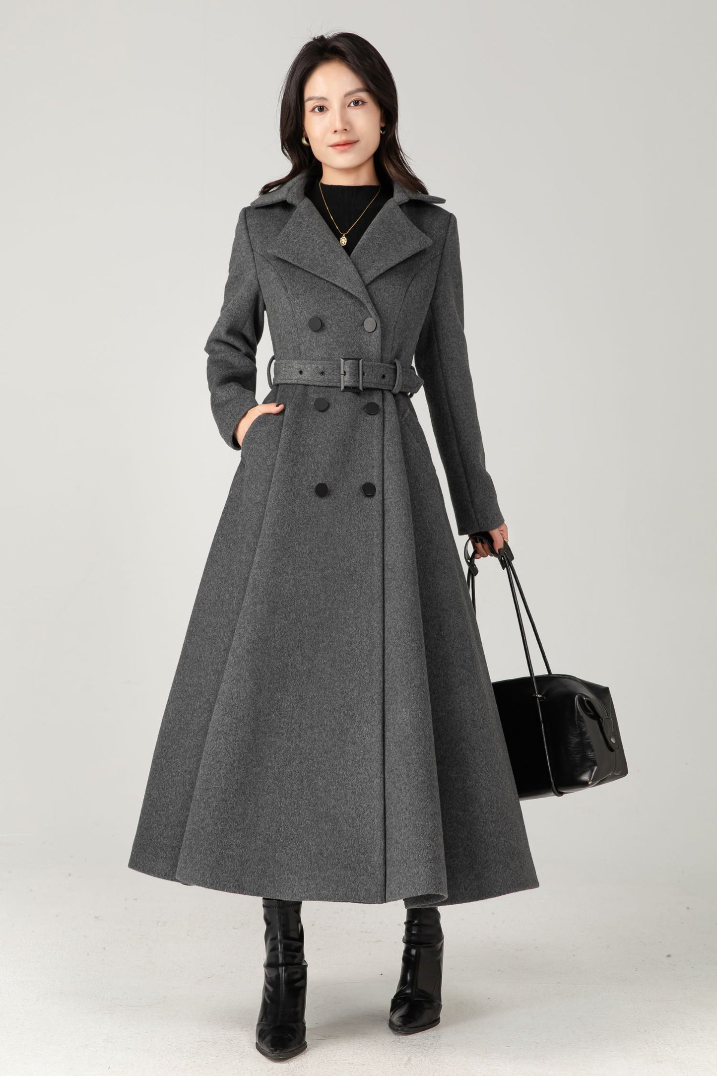 Double breasted long gray winter warm wool coat C5345