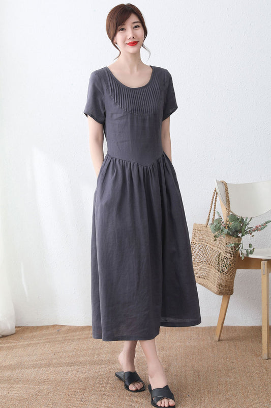 Short sleeve Organic linen dress in Gray C2328