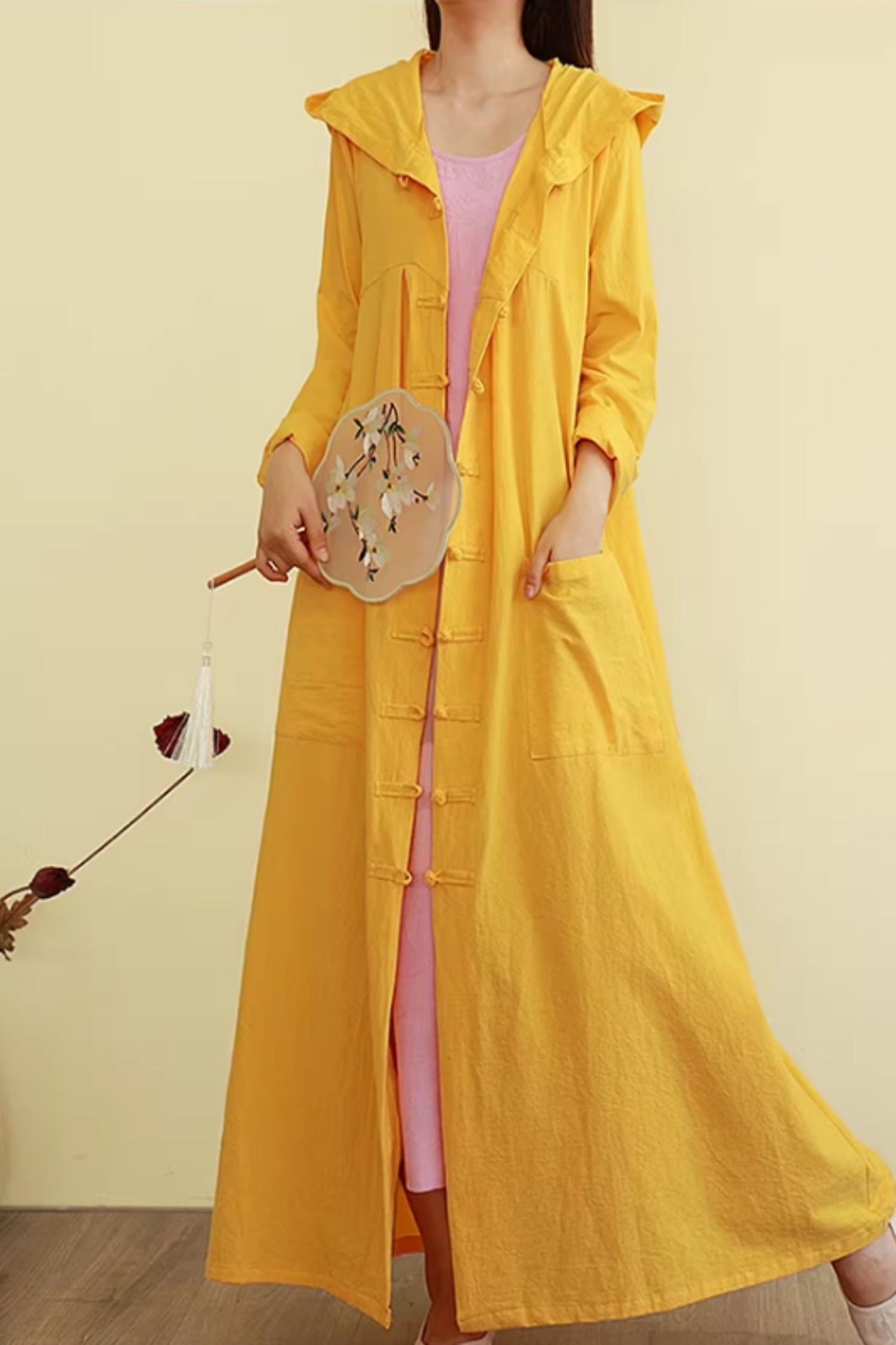 Hooded long linen shirt dress women C5430