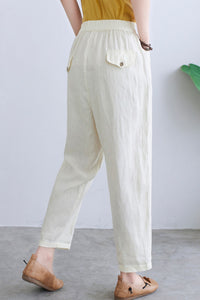 White Linen Casual Cropped Elastic Waist Pants C2294