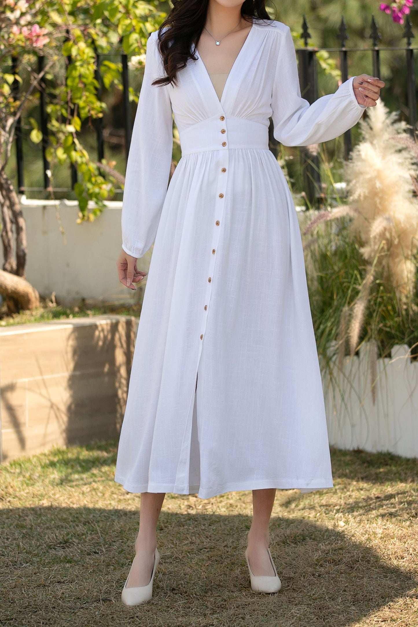 White Linen Cotton Midi Dress: Long Sleeve Button Front A-Line Summer Dress, Ylistyle C5445