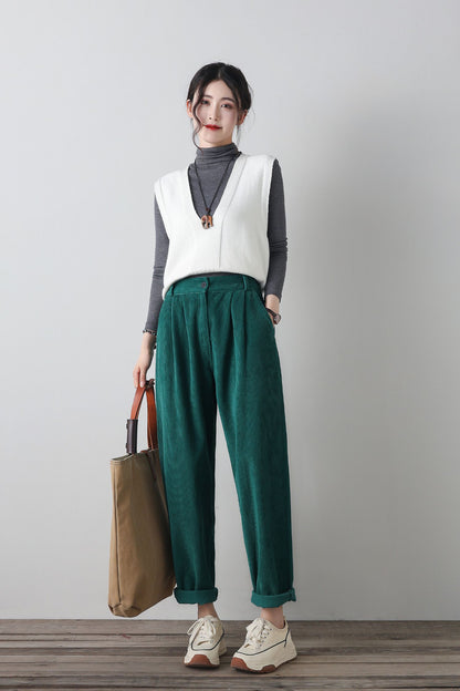 Green wide leg corduroy winter pants C4346