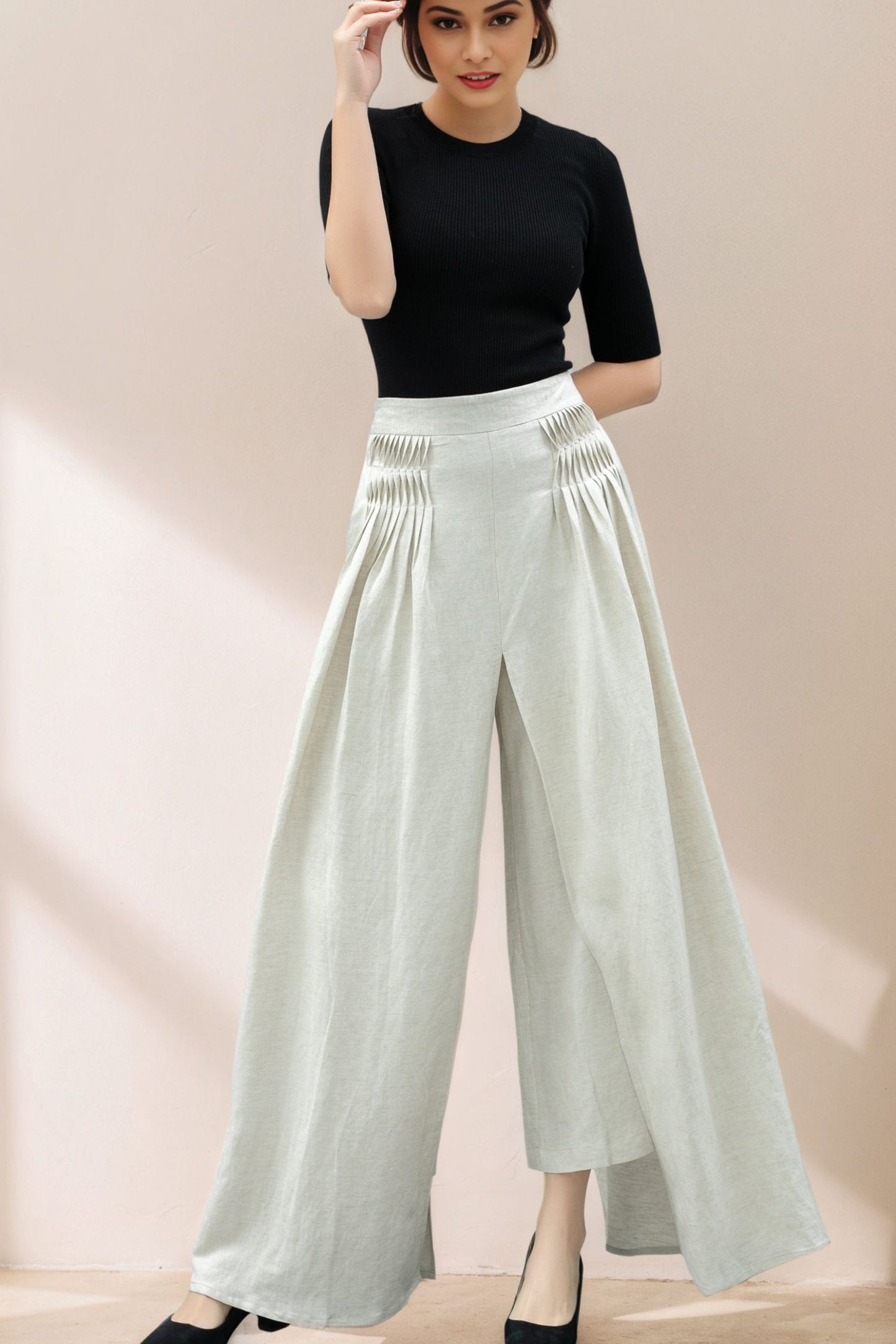 White Wide Leg Linen Palazzo Pant C5361
