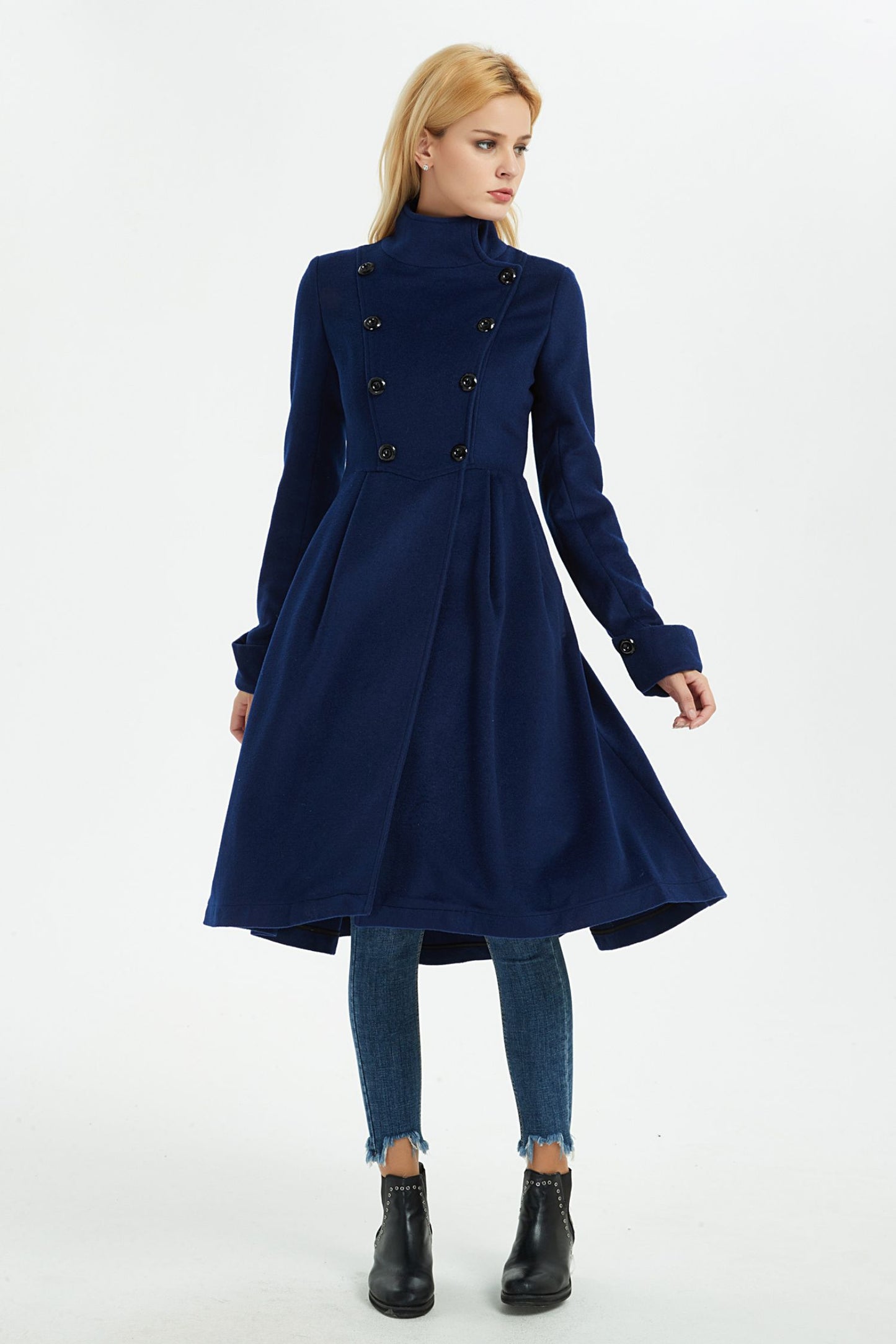 blue warm asymmetrical wool coat with pockets C1371