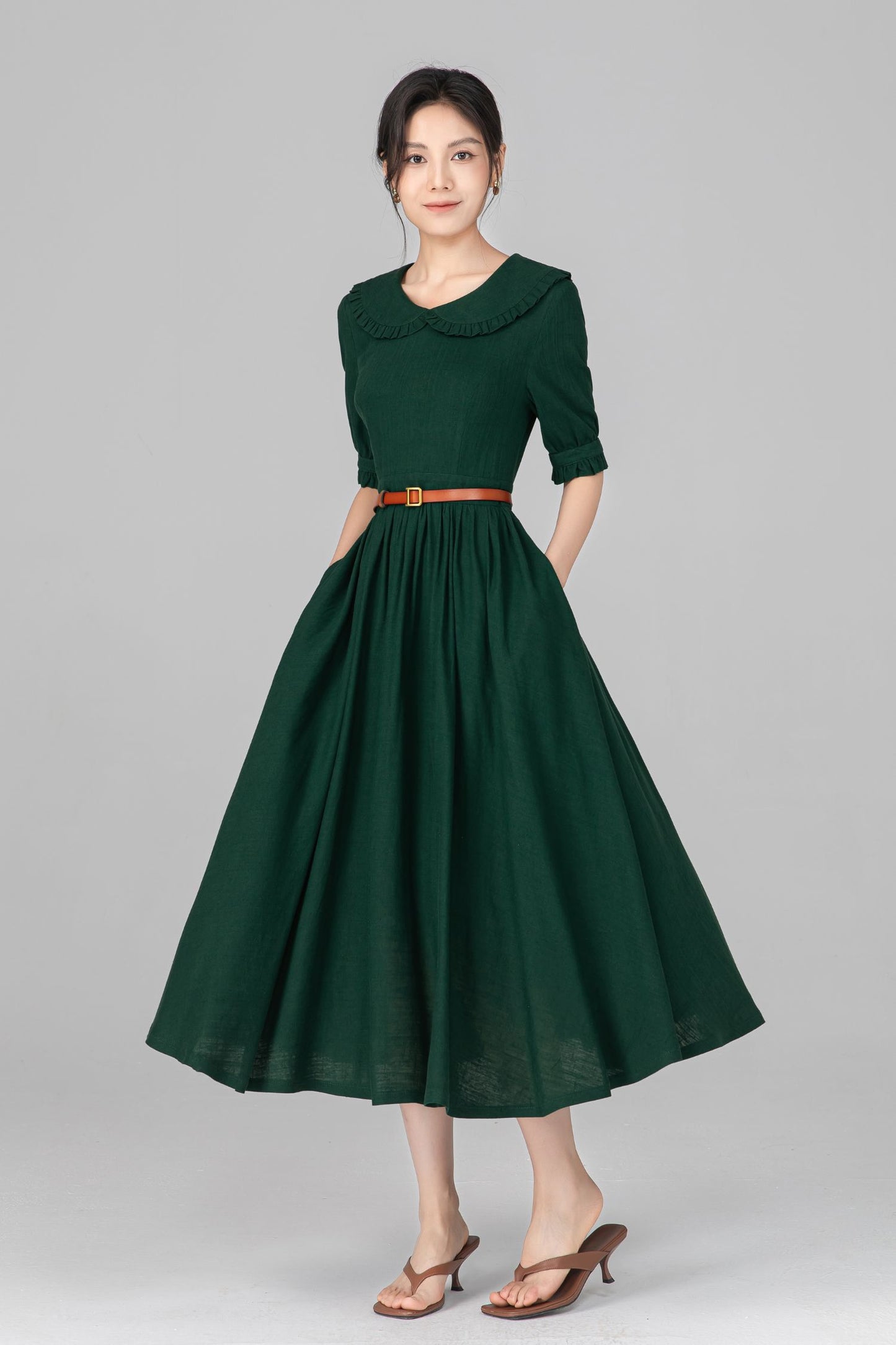 Dark Green Linen Midi Dress - Peter Pan Collar, Puff Sleeve c5515