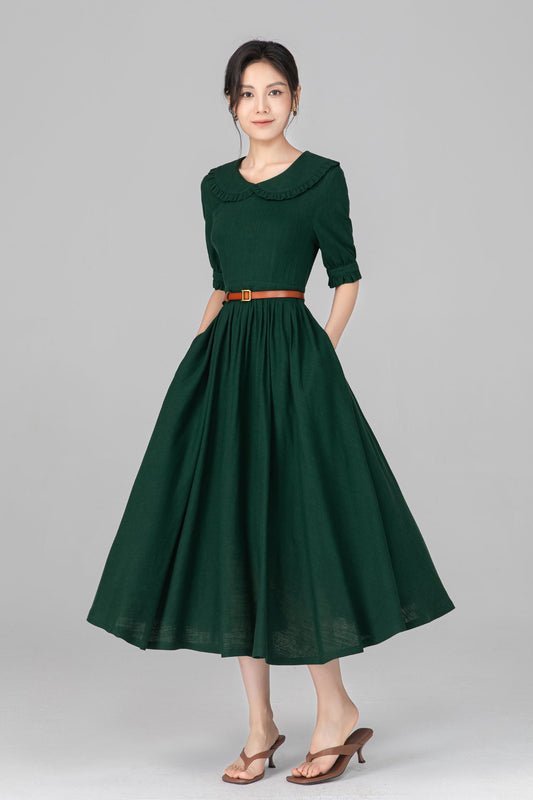 Dark Green Linen Midi Dress with Peter Pan Collar,Modest Short Puff Sleeve Dress C5515