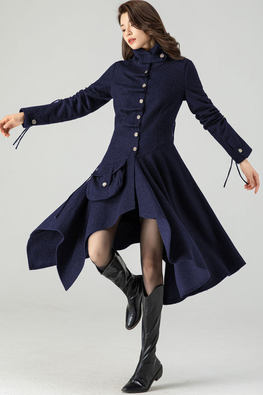 Asymmetrical Single Breasted Navy Blue Wool Coat C4518