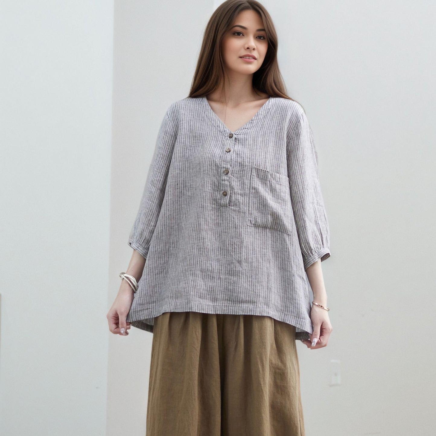 V-Neck Linen Blouse, Loose Fit Top C5318