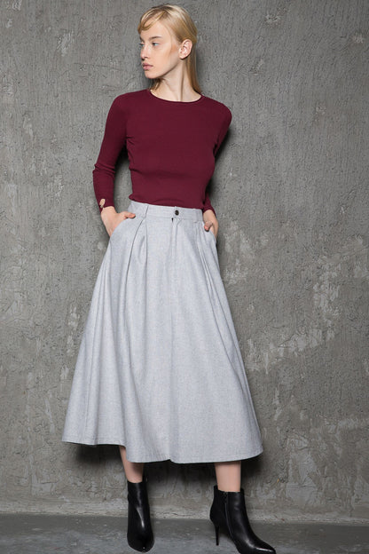 Gray pleated winter wool skirt women C737