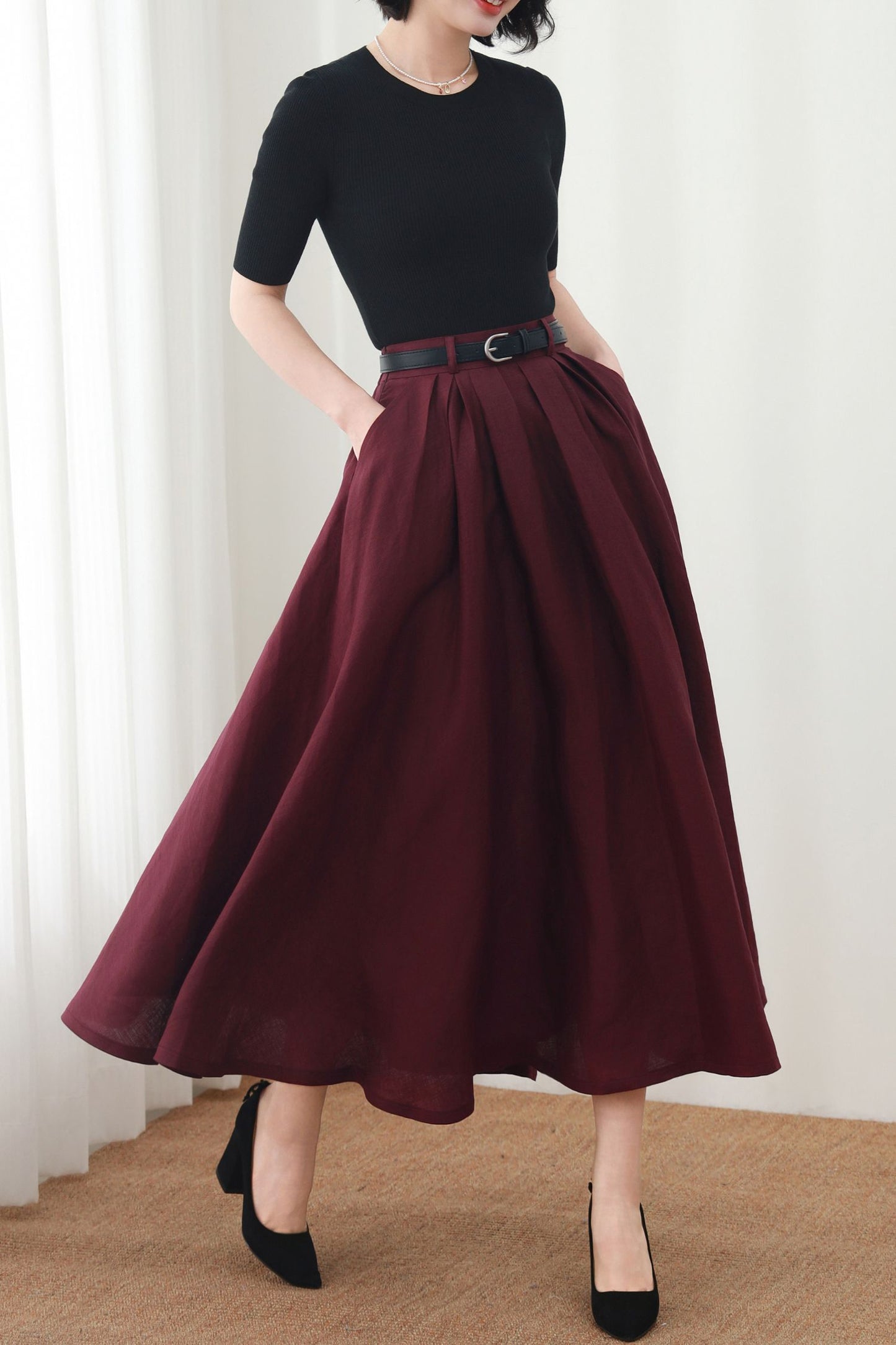 Burgundy Linen Maxi Skirt: A-Line Linen Blend Summer Skirt with Pockets, Ylistyle C5450