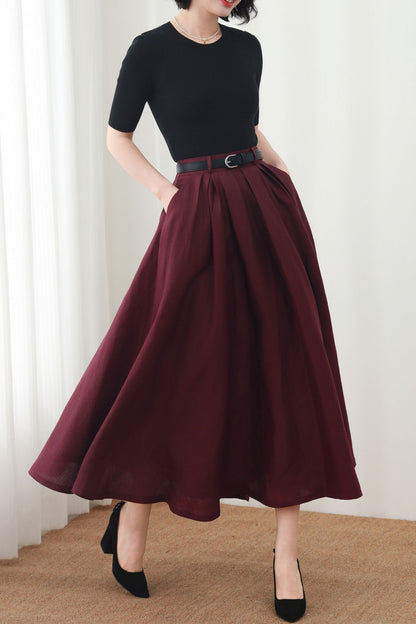 Burgundy Linen Maxi Skirt: A-Line Linen Blend Summer Skirt with Pockets, Ylistyle C5450