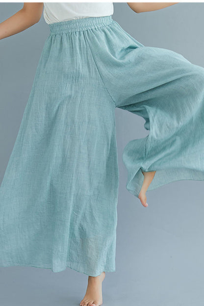 Dark Blue Cotton Linen Wide-Leg Pants - Elastic Waist, Lined TT0053