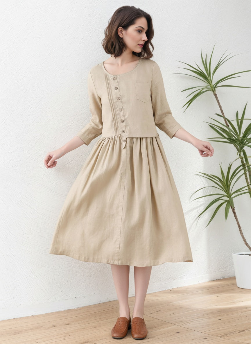 Khaki Women Asymmetrical Linen Maxi Dress C5417