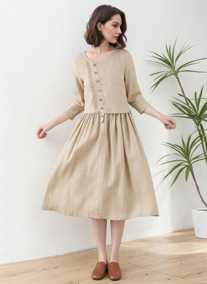 Khaki Women Asymmetrical Linen Maxi Dress C5417