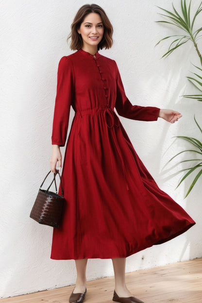 Red Linen Midi Dress: Long Sleeves Button Front Drawstring Waist Dress , Ylistyle C5329