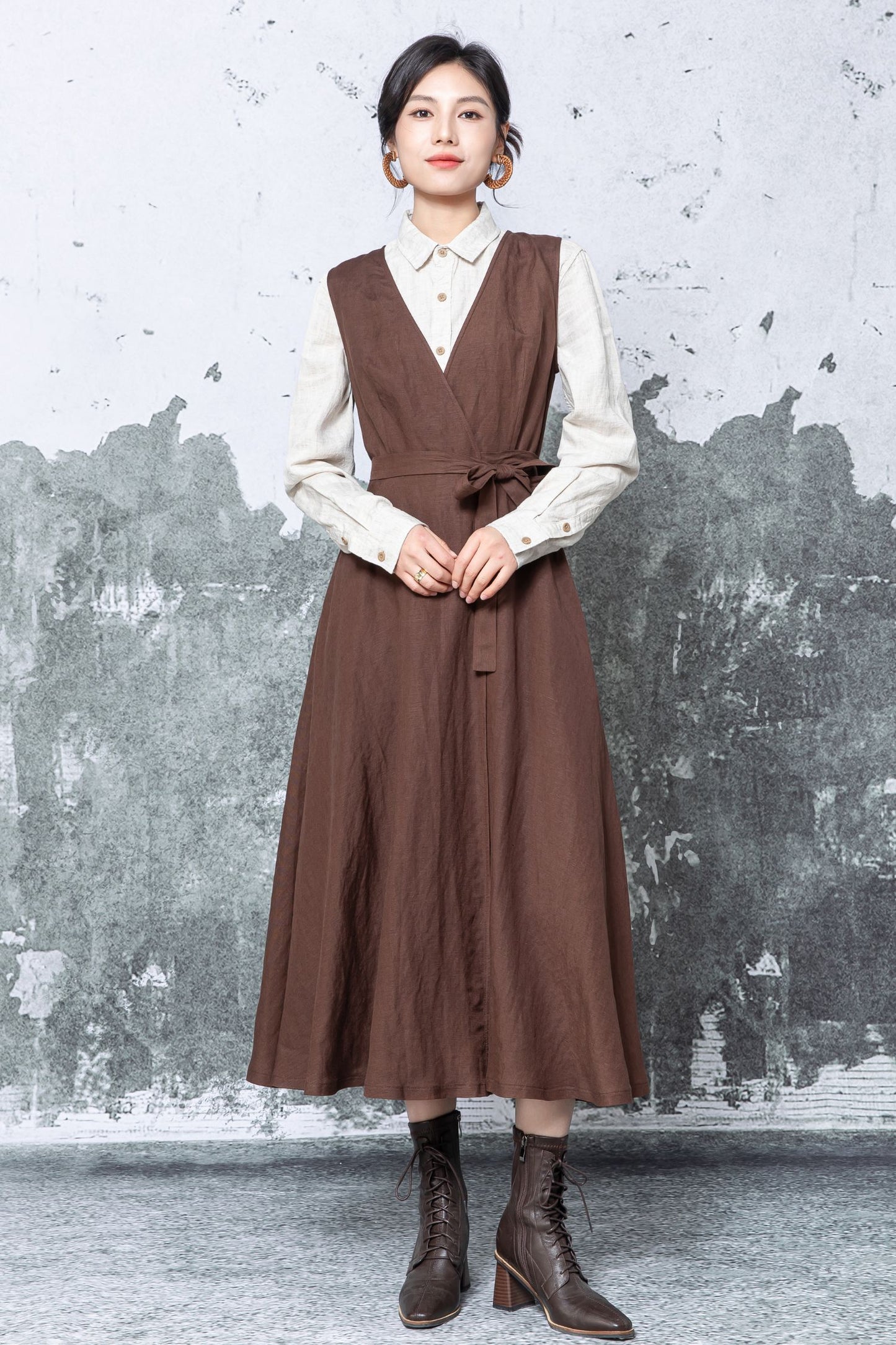 Brown Linen Wrap Midi Dress - Sleeveless V-Neck Tie Waist c5476