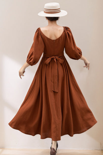 Puffy Sleeve womens long Linen Dress C5360