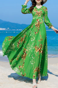 Summer Green Chiffon Long Sleeve Floral Dress C4107