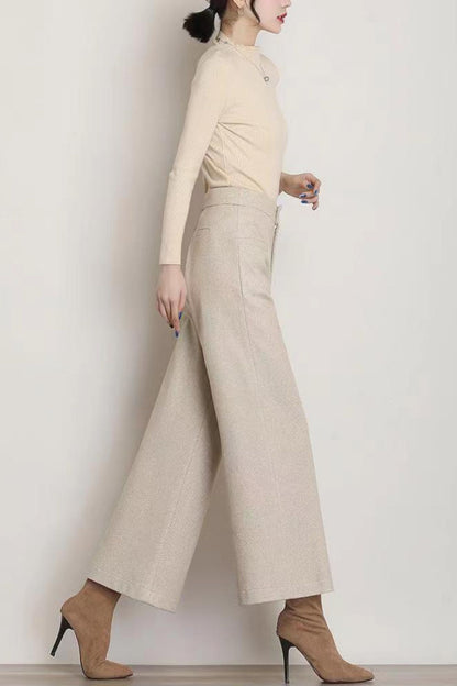 Wide leg womens wool pants with pockets c5078