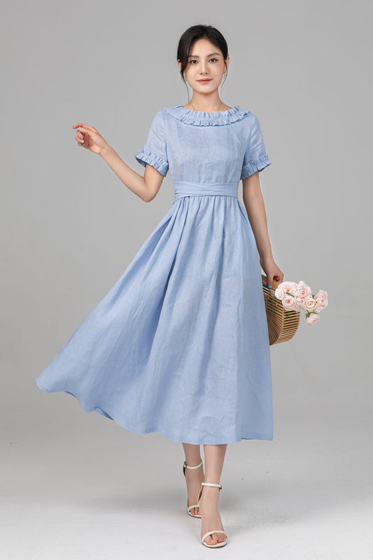 Women Pure Linen Ruffle Dress: Short Sleeve A line Fitted Dress, Ylistyle C5518