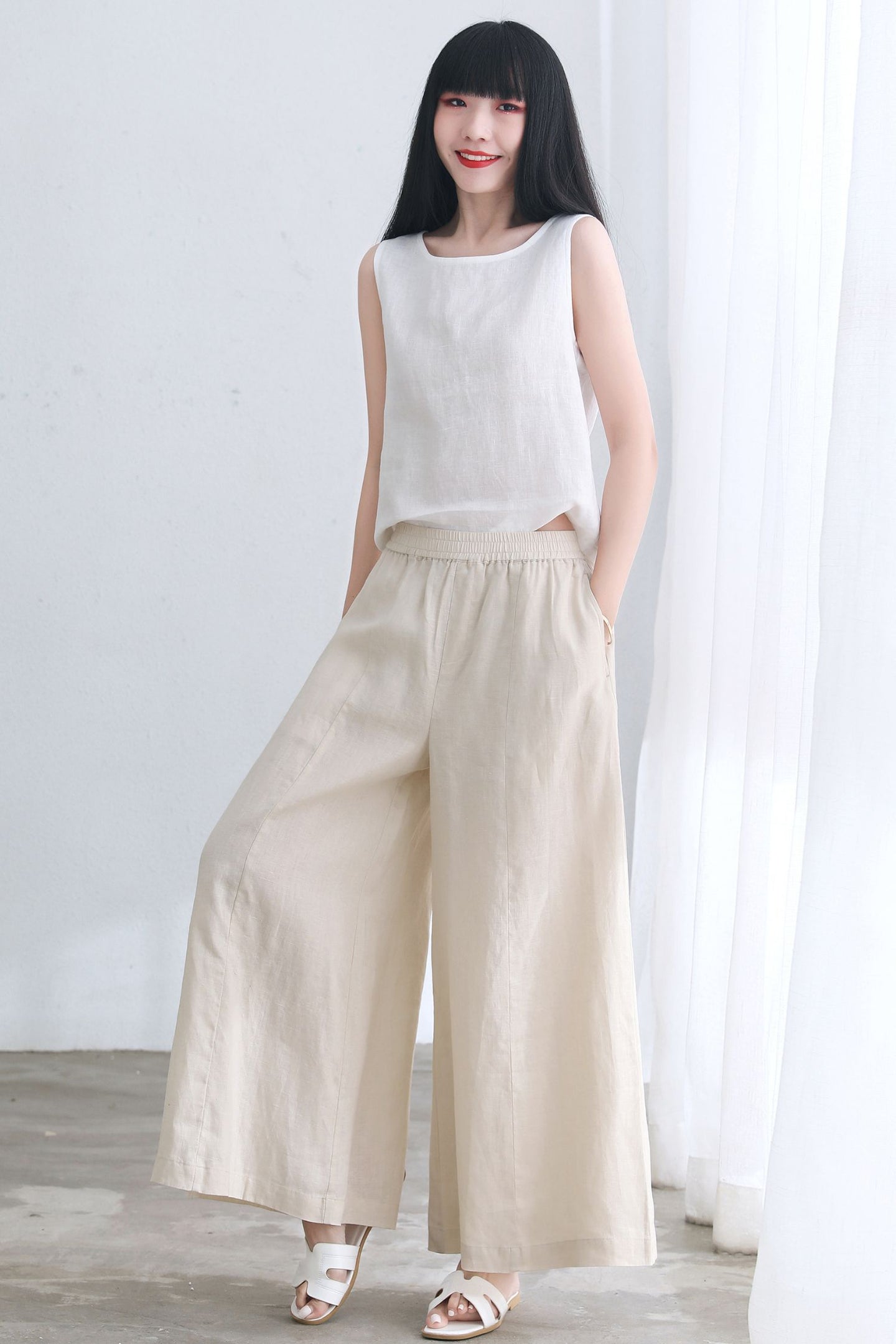 Beige Linen palazzo pants for Women C2660