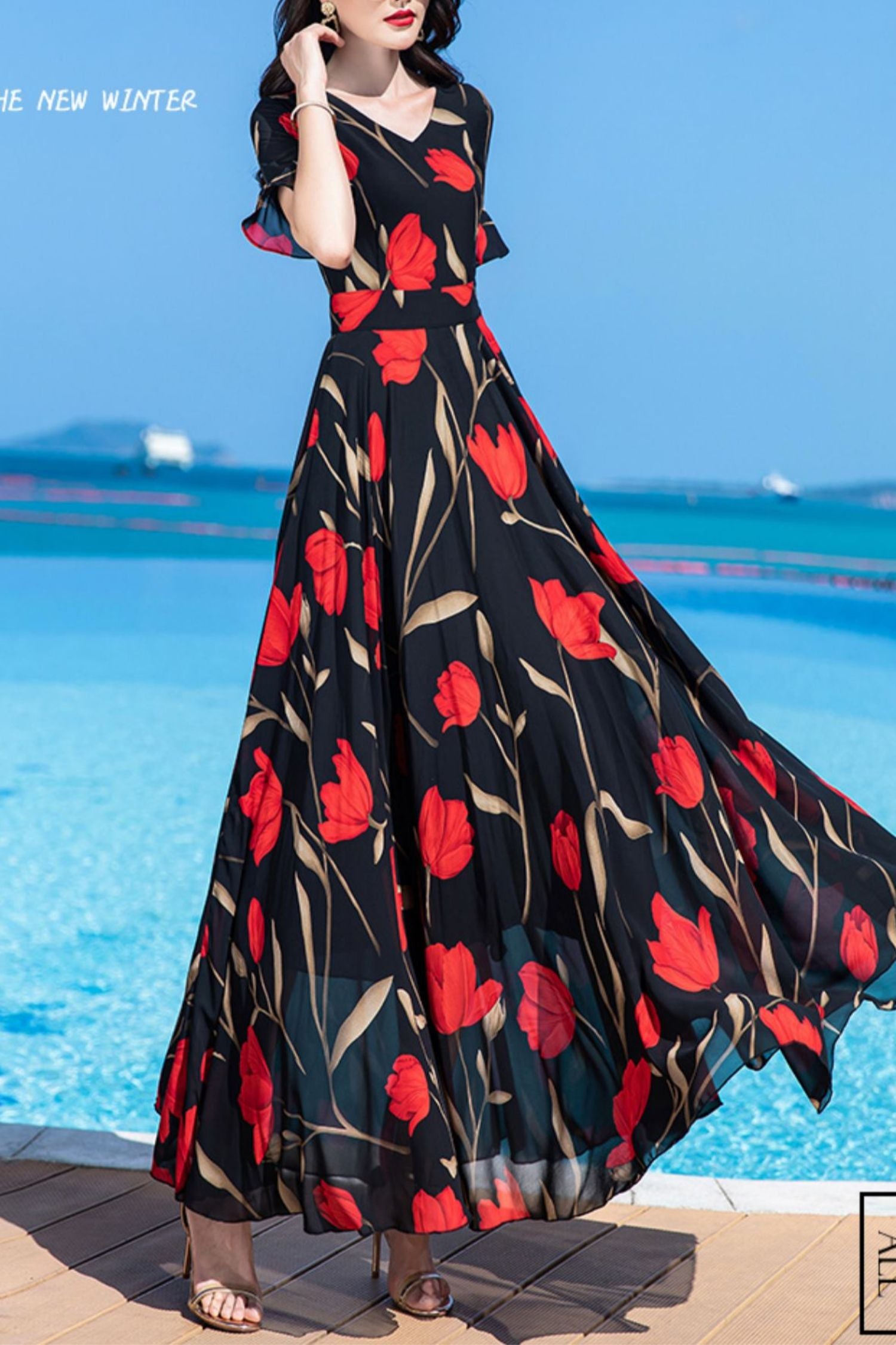 white christmas dresses Floor-Length Summer New French Long Chiffon Dress Women C4031 Red / 2XL