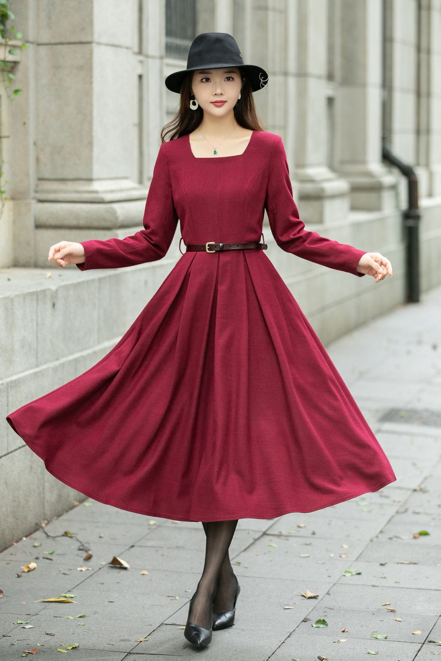 Red classic winter wool dress women C4500 YLISTYLE Red classic winter wool dress women C4500 YLISTYLE
