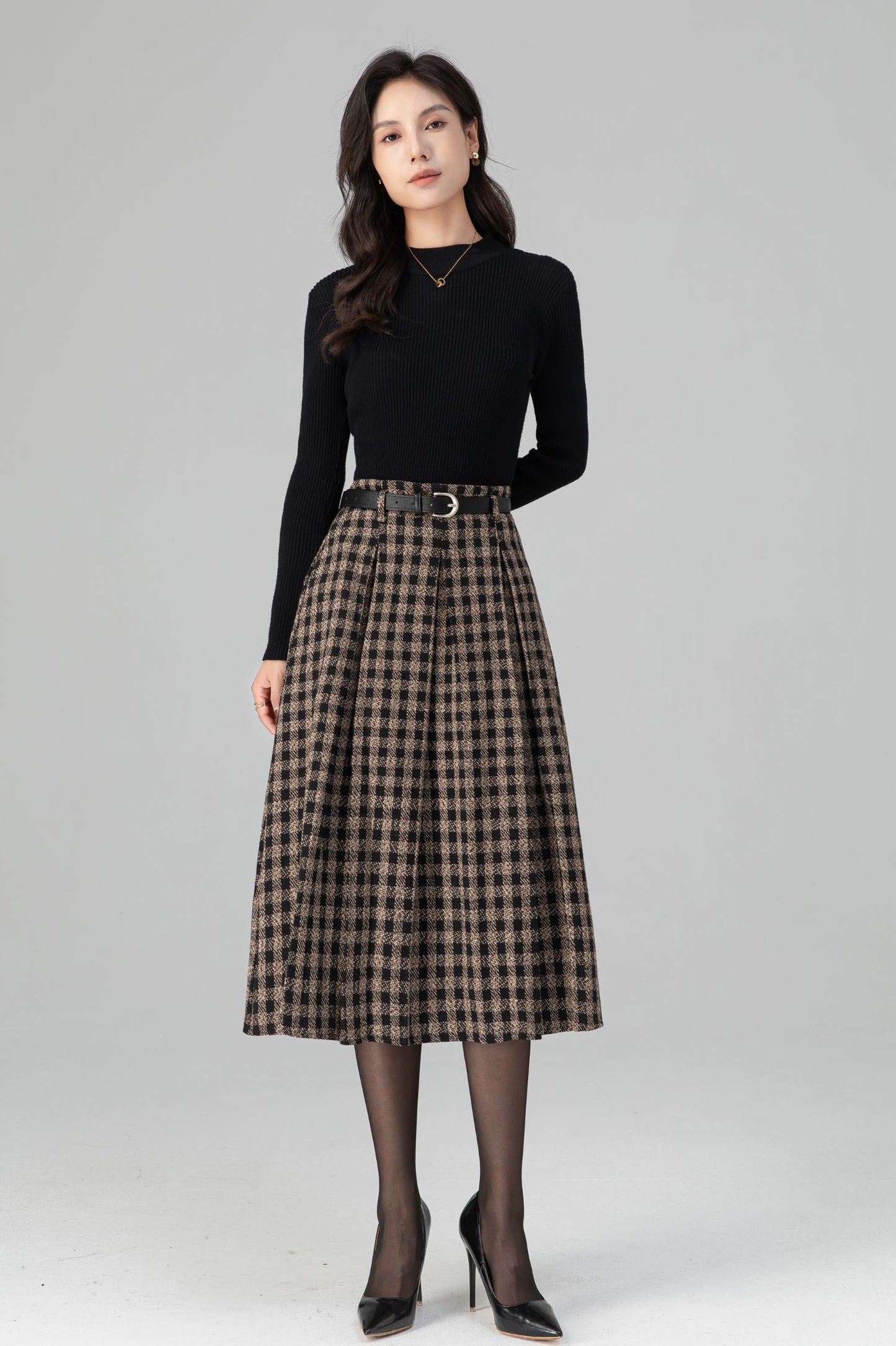 Vintage Pleated Midi Plaid Wool Skirt C5198