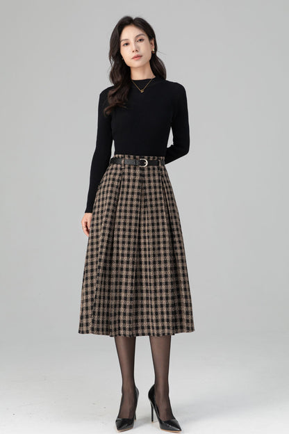 Vintage Pleated Midi Plaid Wool Skirt C5198