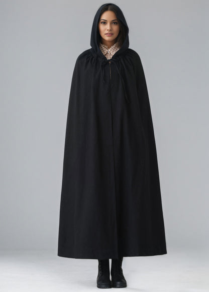 Black Medieval Hooded Linen Cape Cloak C5149