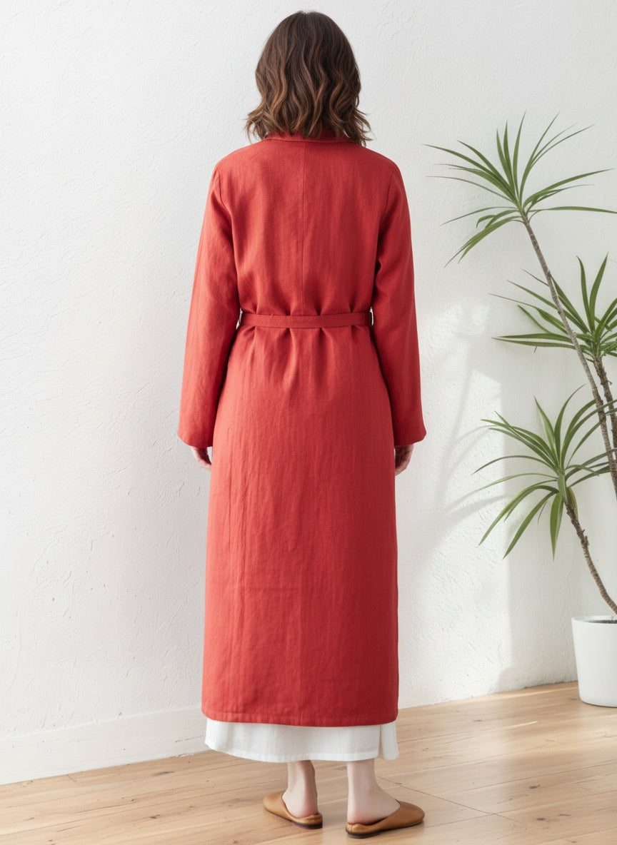 Orange red Long Linen Trench Coat C5416