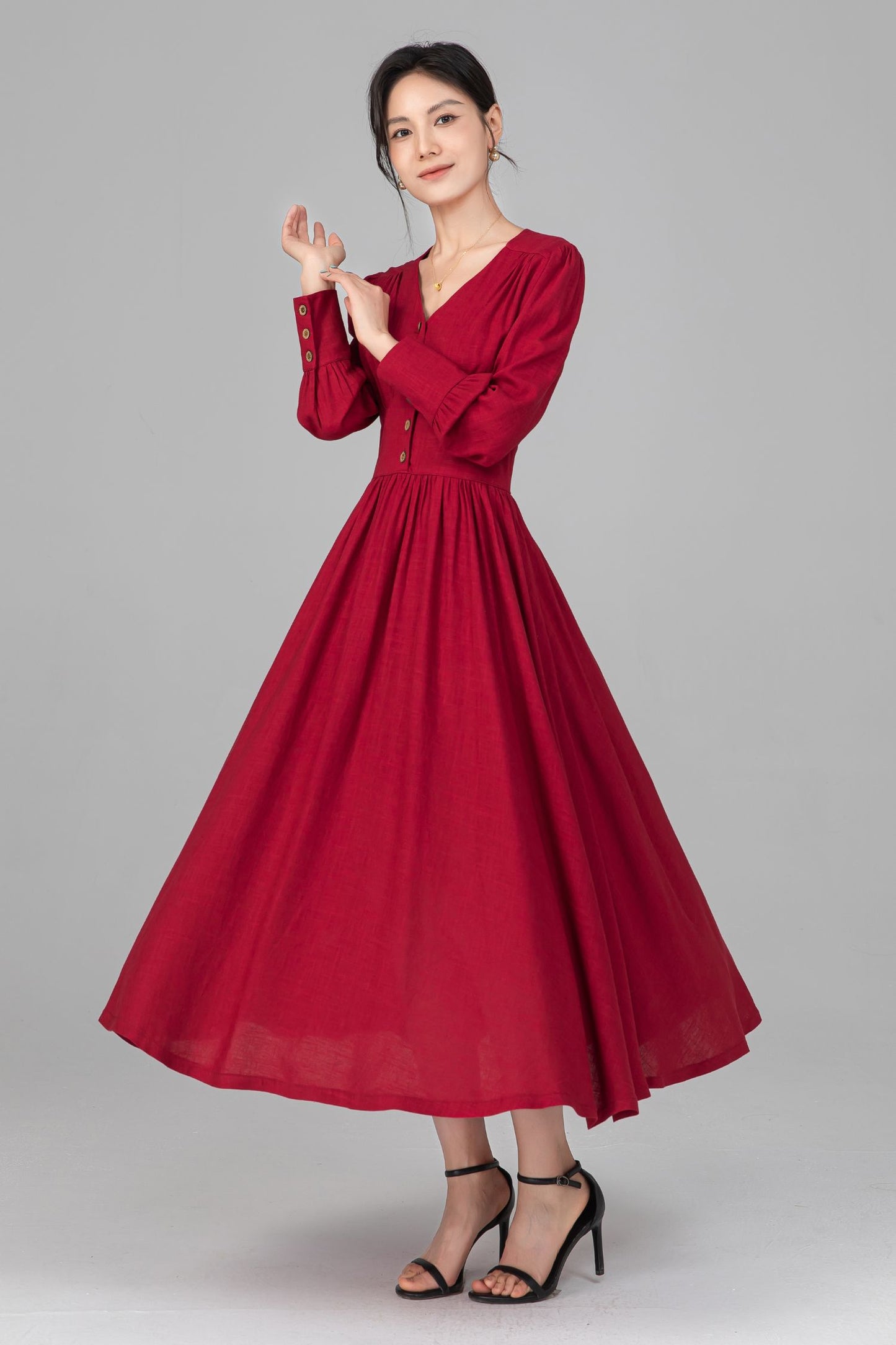 Red Linen Midi Dress - Button Front, V-Neck, Long Sleeve c5516
